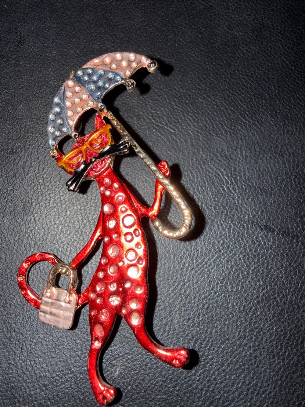 Whimsical Red Cat with Umbrella Brooch - Fashion Accessory